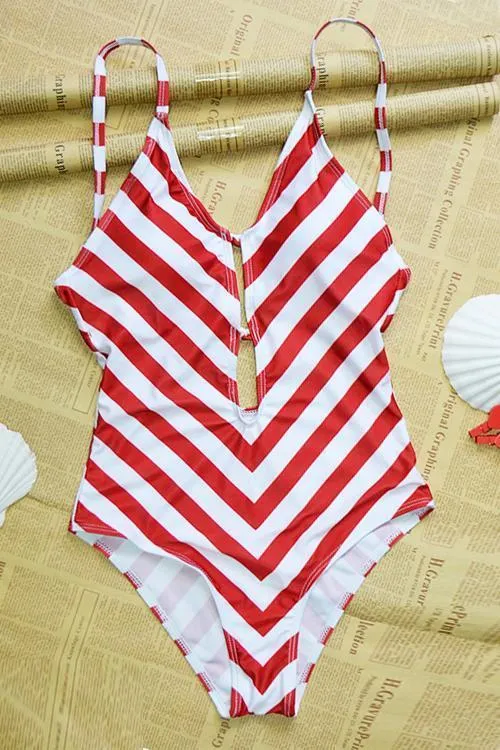 Red White Stripe Backless One-piece Swimwear