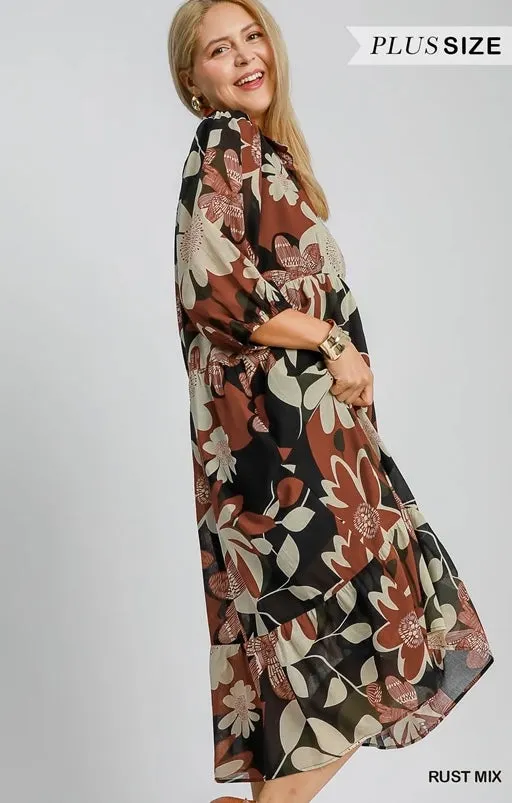 Rust Mix Floral Midi Dress