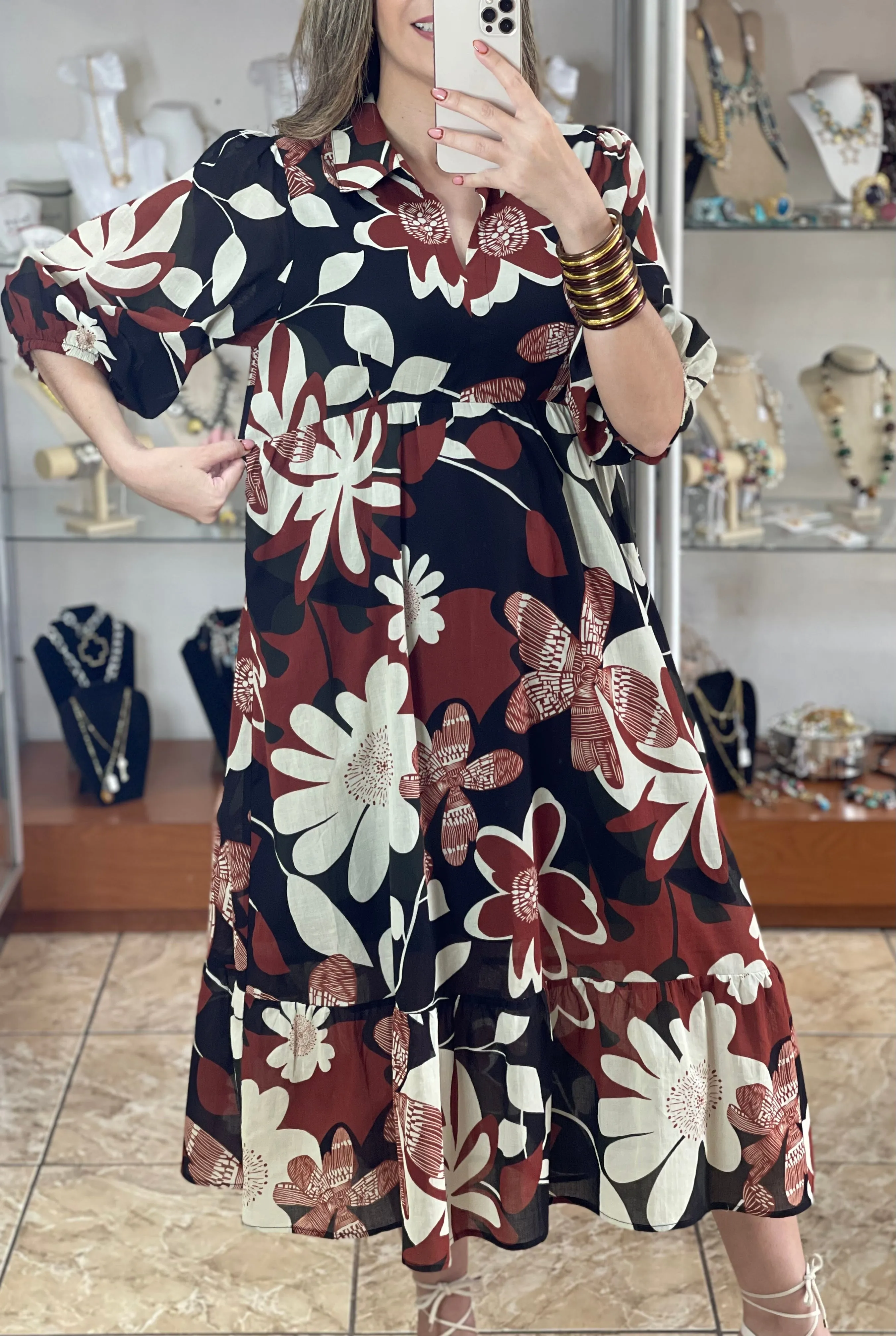 Rust Mix Floral Midi Dress