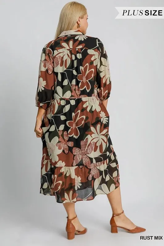 Rust Mix Floral Midi Dress