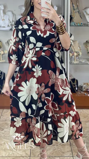 Rust Mix Floral Midi Dress