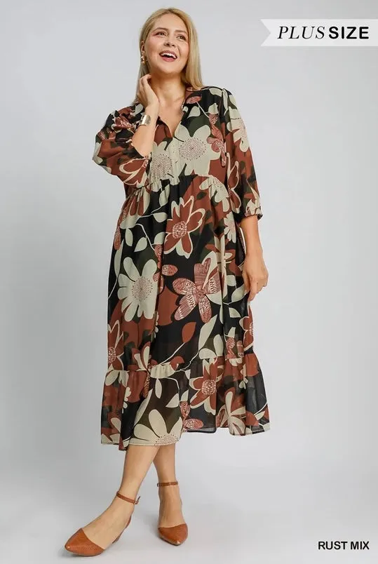 Rust Mix Floral Midi Dress