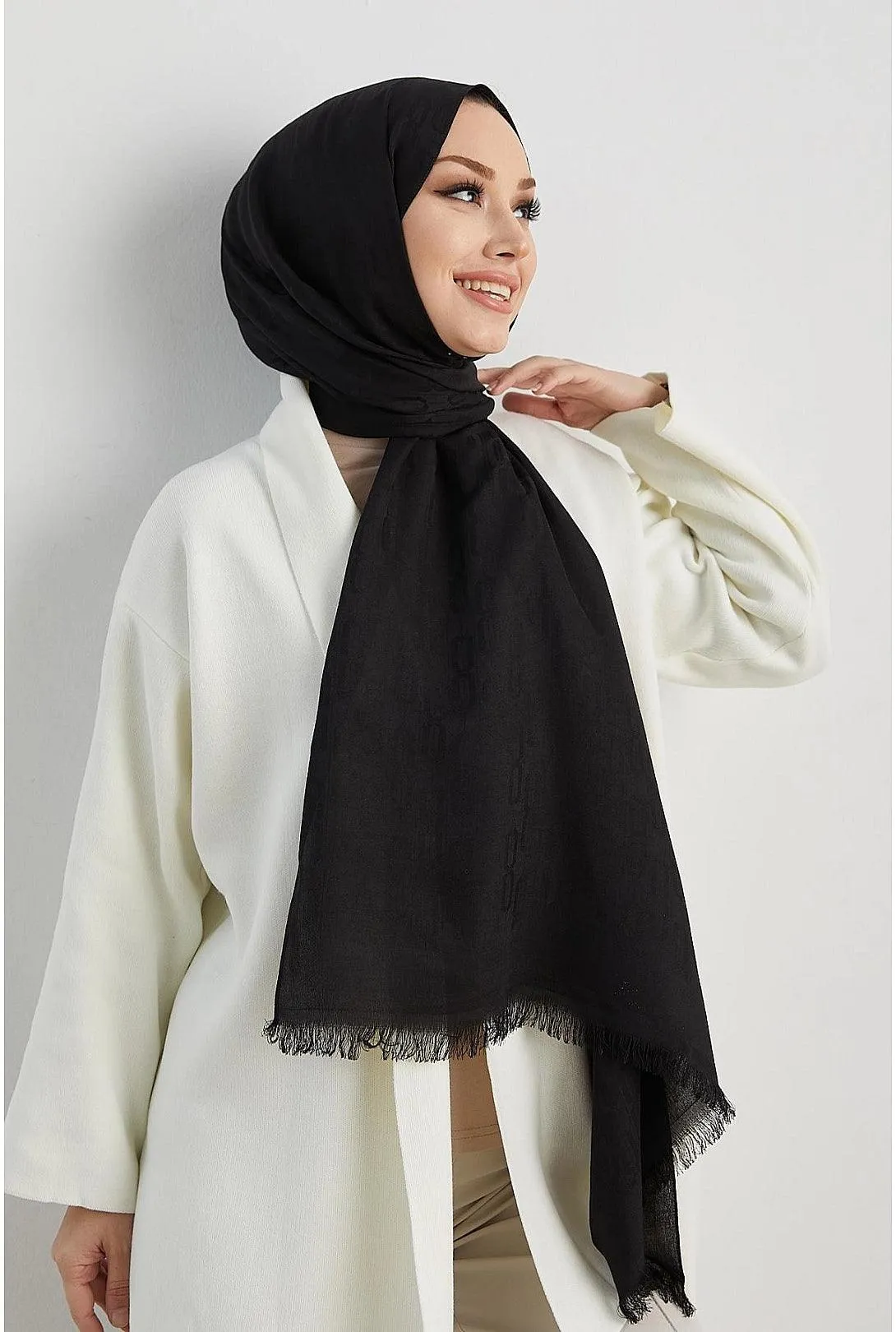 Silky Black Hijab Scarf Shawl with Chain Pattern - Black