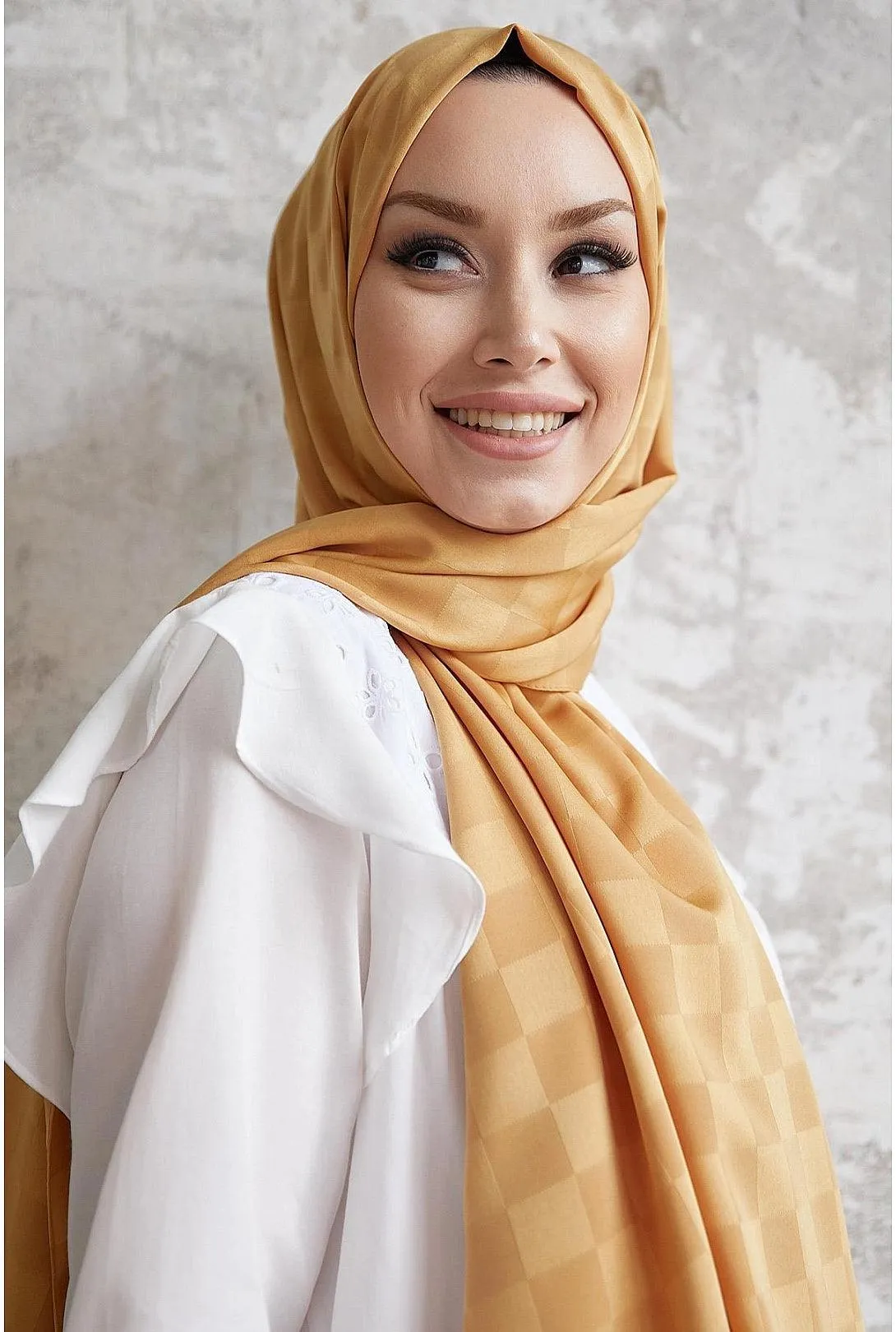 Silky HIjab Scarf Shawl with Checker Pattern - Gold