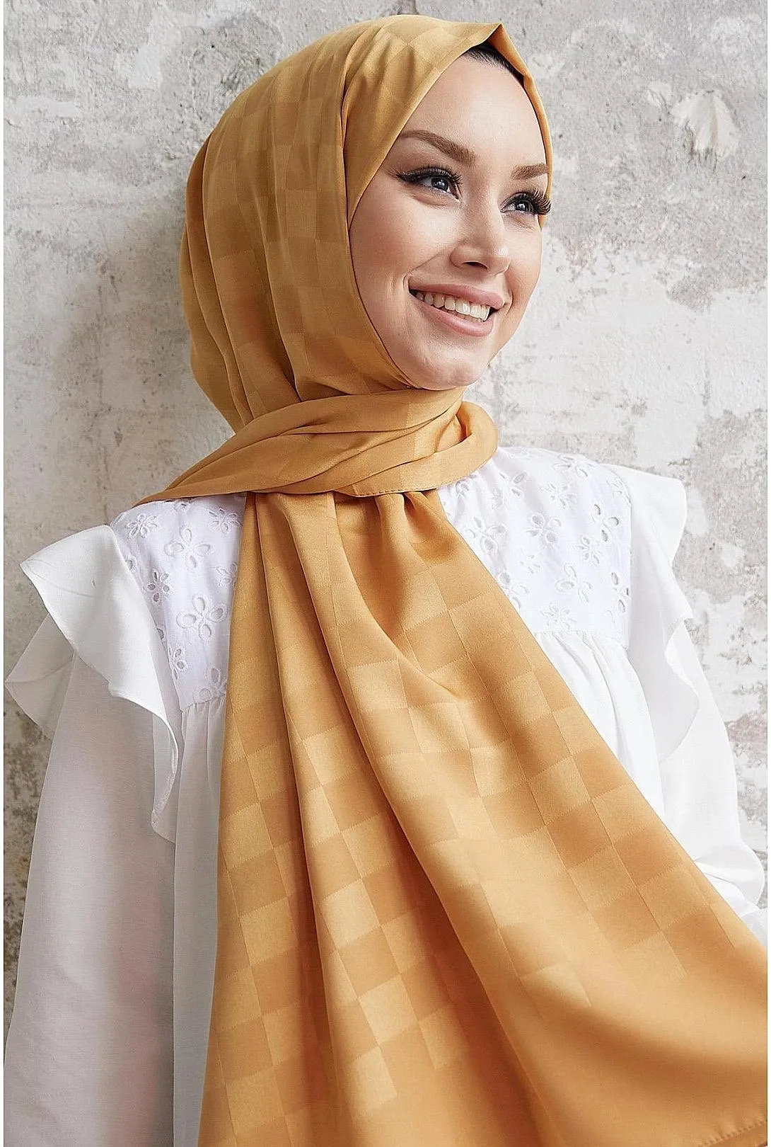 Silky HIjab Scarf Shawl with Checker Pattern - Gold