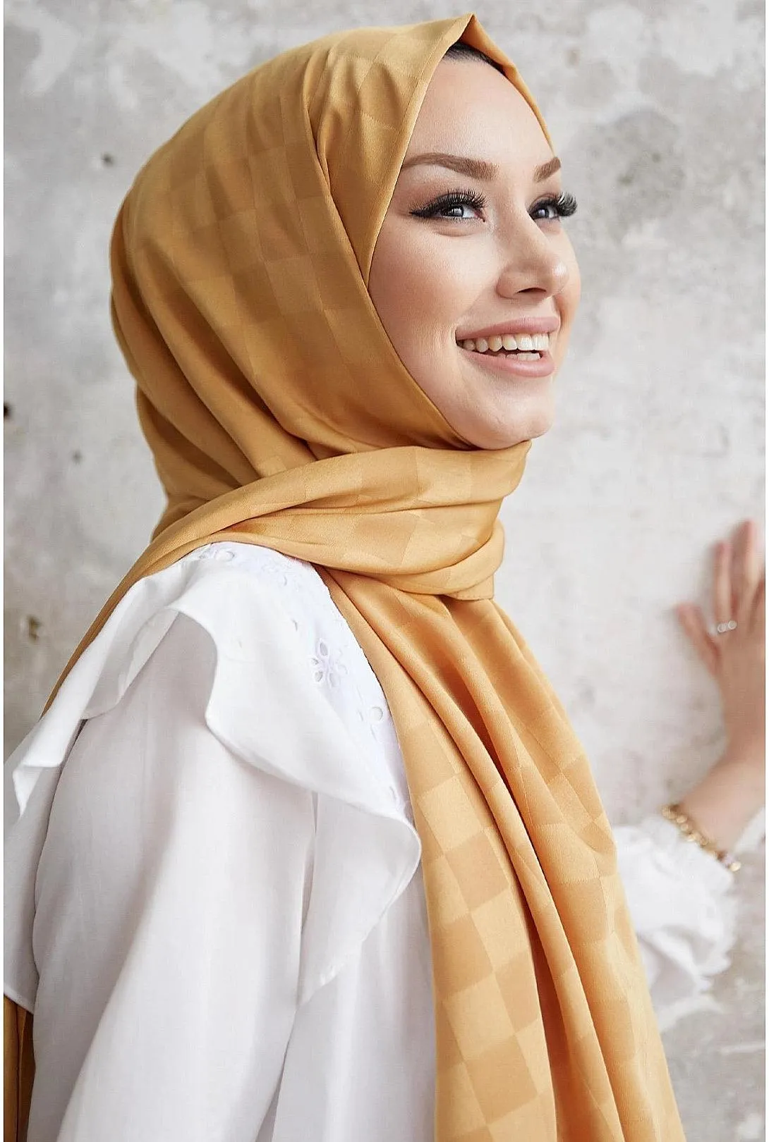 Silky HIjab Scarf Shawl with Checker Pattern - Gold