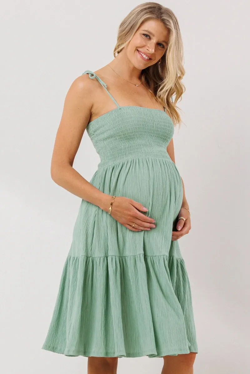 Smocked Tie Strap Maternity Ruffle Dress