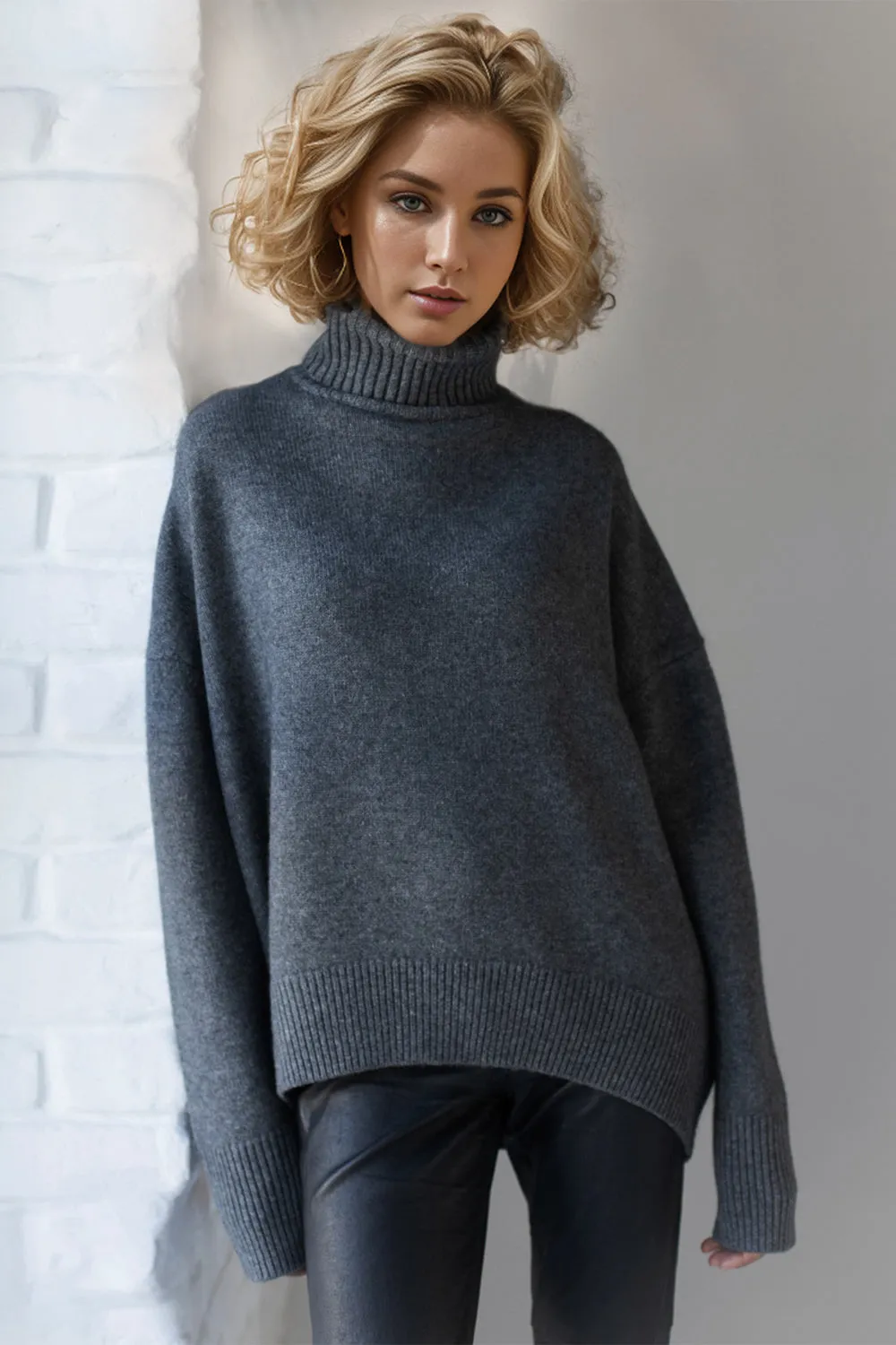 Soft Cashmere Style Turtleneck Dropped Shoulder Long Sleeve Sweater available in 12 colors