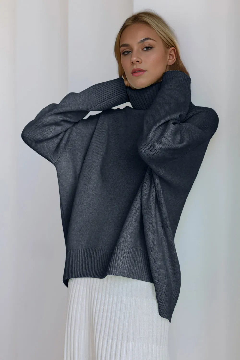 Soft Cashmere Style Turtleneck Dropped Shoulder Long Sleeve Sweater available in 12 colors