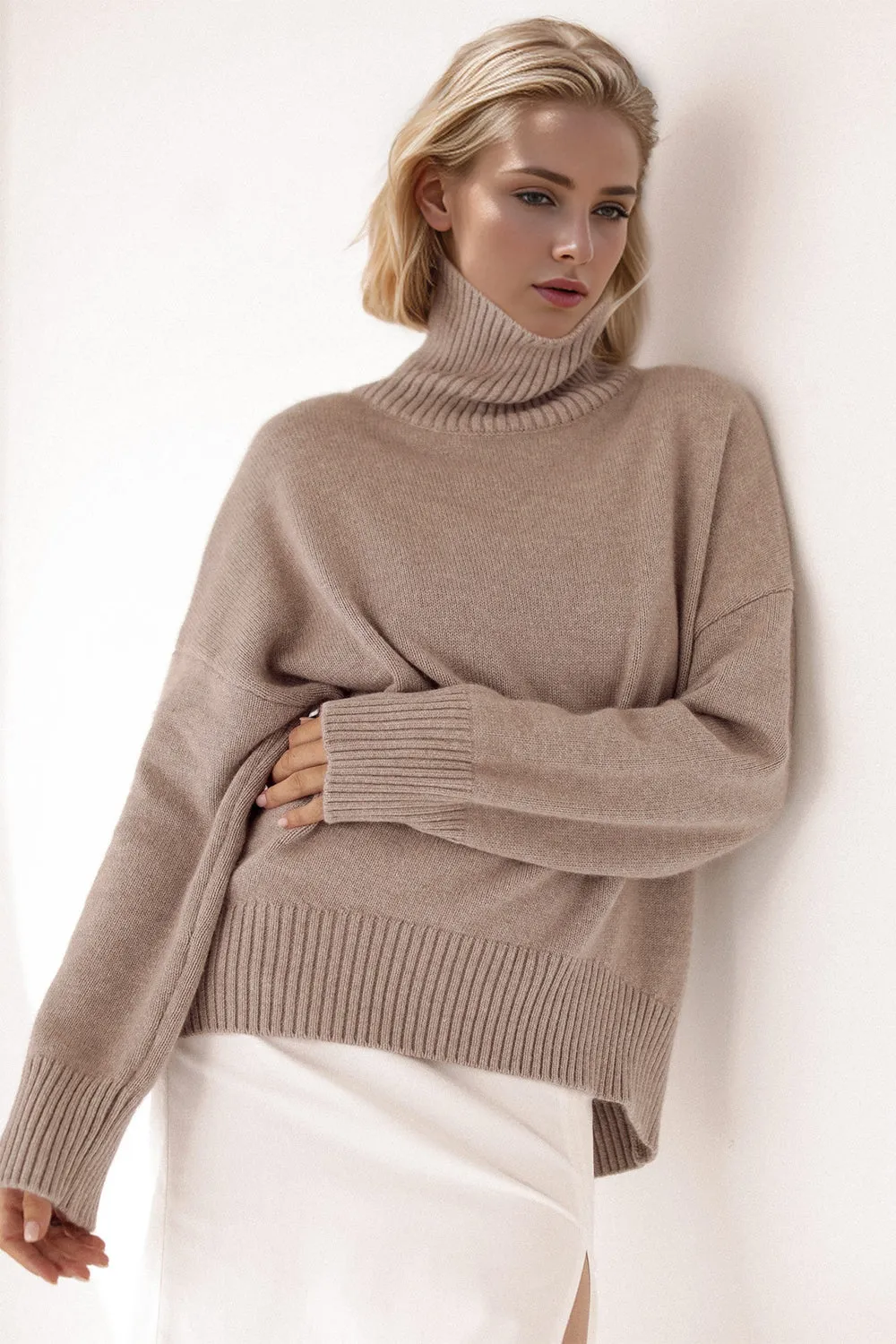 Soft Cashmere Style Turtleneck Dropped Shoulder Long Sleeve Sweater available in 12 colors