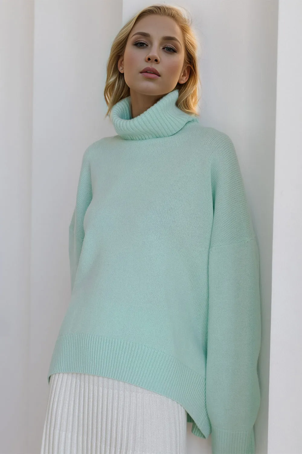 Soft Cashmere Style Turtleneck Dropped Shoulder Long Sleeve Sweater available in 12 colors