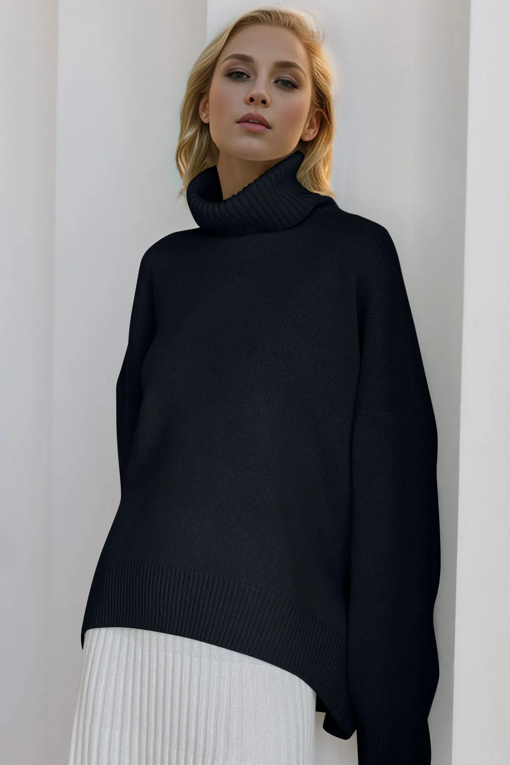 Soft Cashmere Style Turtleneck Dropped Shoulder Long Sleeve Sweater available in 12 colors