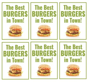 The Best Burgers in Town! Store Window Display Paper Signs; 18w x 24h - 6 Pack