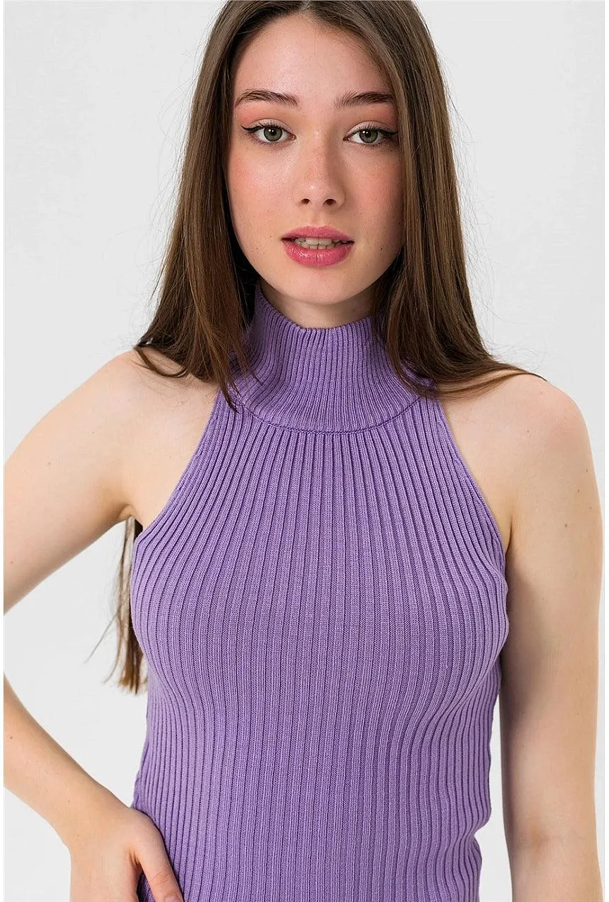 Turtleneck Sleeveless Knitted Sweater - Lilac Purple | Women's Cozy Knitwear