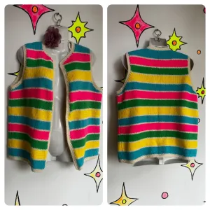 Vintage 60s | Fun Hand Knit Rainbow Stripe Sweater Oversized Clown Vest