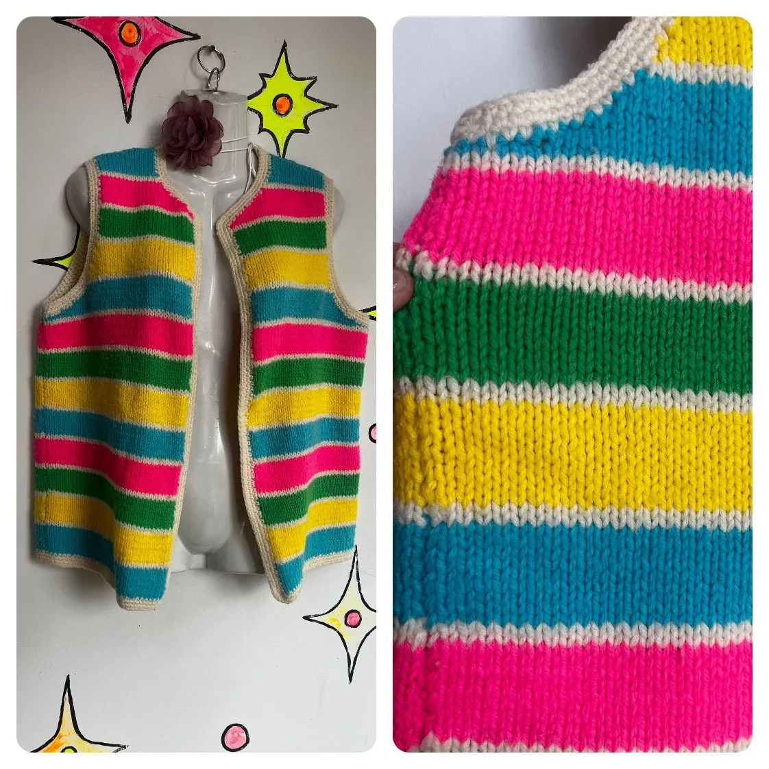 Vintage 60s | Fun Hand Knit Rainbow Stripe Sweater Oversized Clown Vest