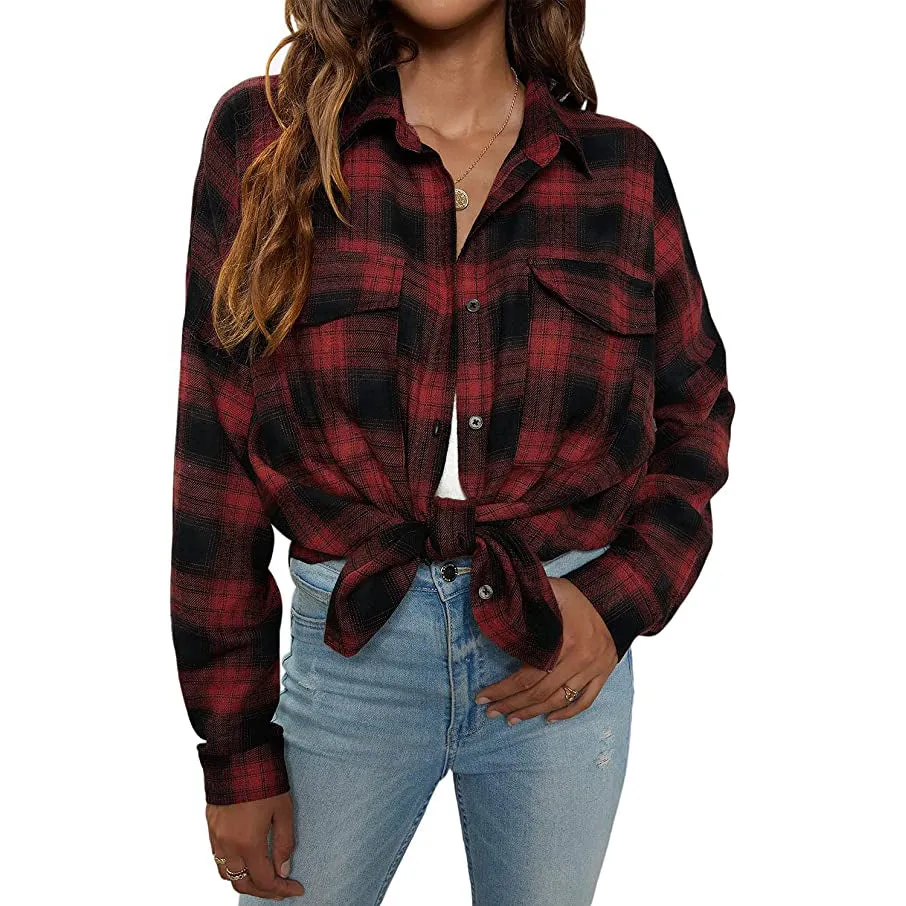 Women's Button Flannel Shirt Plaid Long Sleeve Top