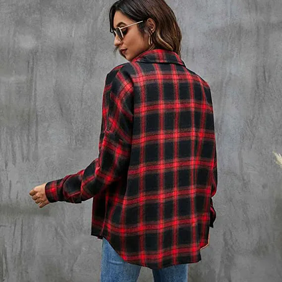 Women's Button Flannel Shirt Plaid Long Sleeve Top