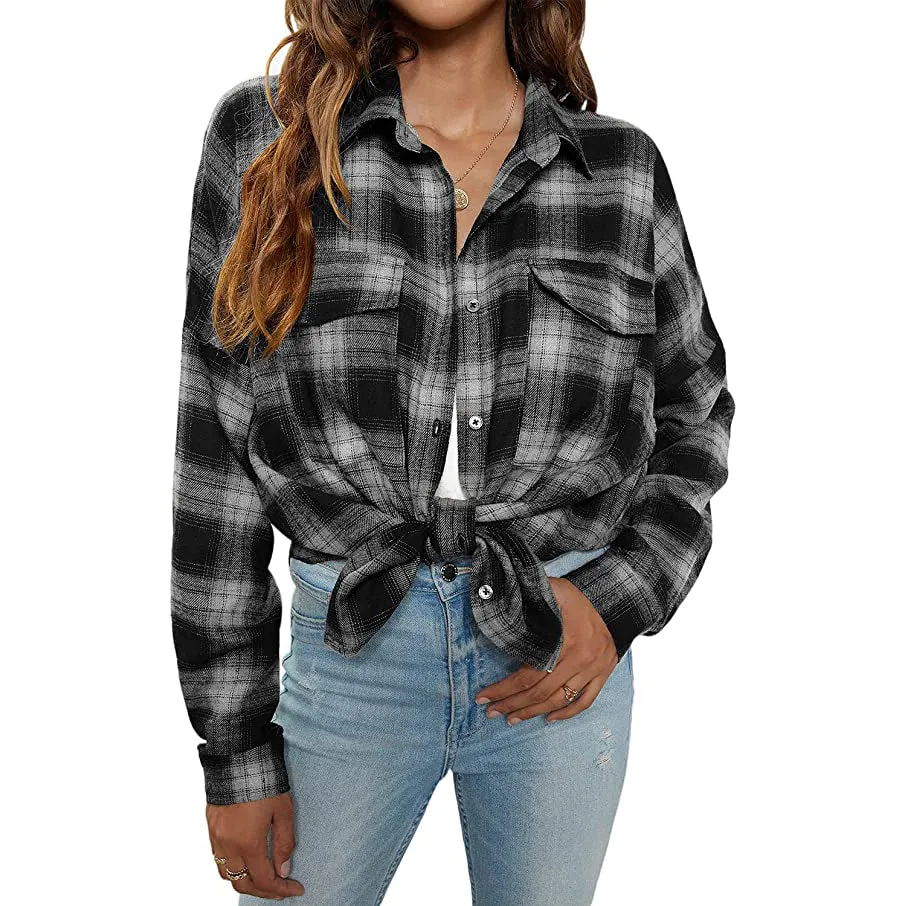 Women's Button Flannel Shirt Plaid Long Sleeve Top