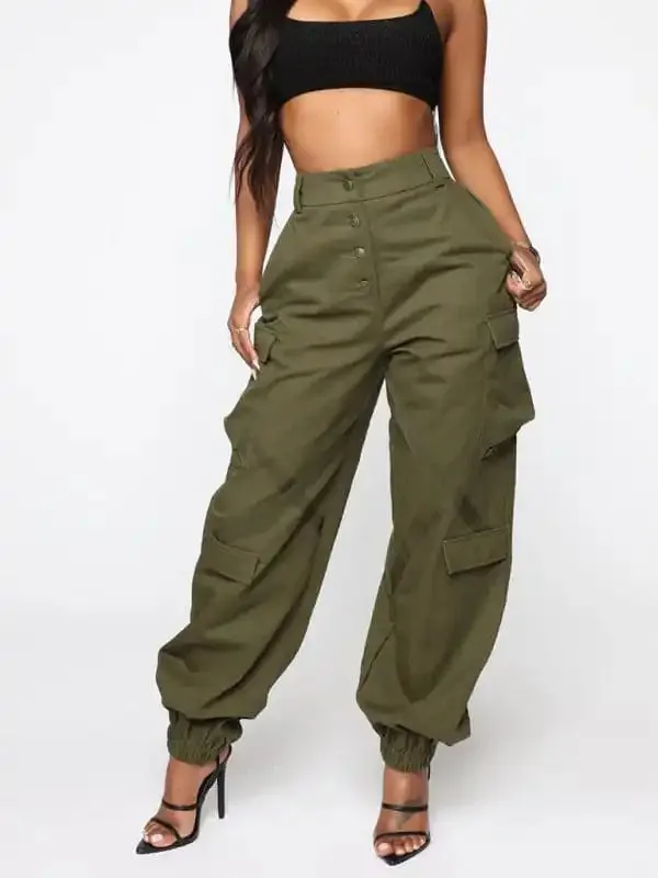 Women’s Casual Multi Pocket Button Fly Straight Cargo Trousers