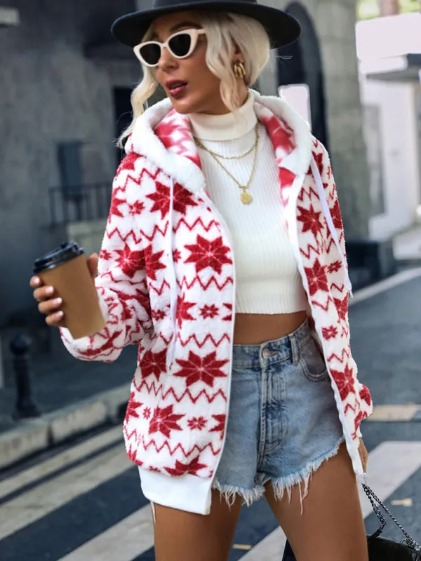 Women's loose hooded zipper cardigan velvet printed Christmas style jacket