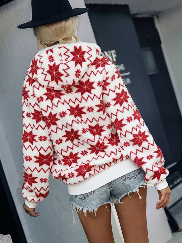 Women's loose hooded zipper cardigan velvet printed Christmas style jacket